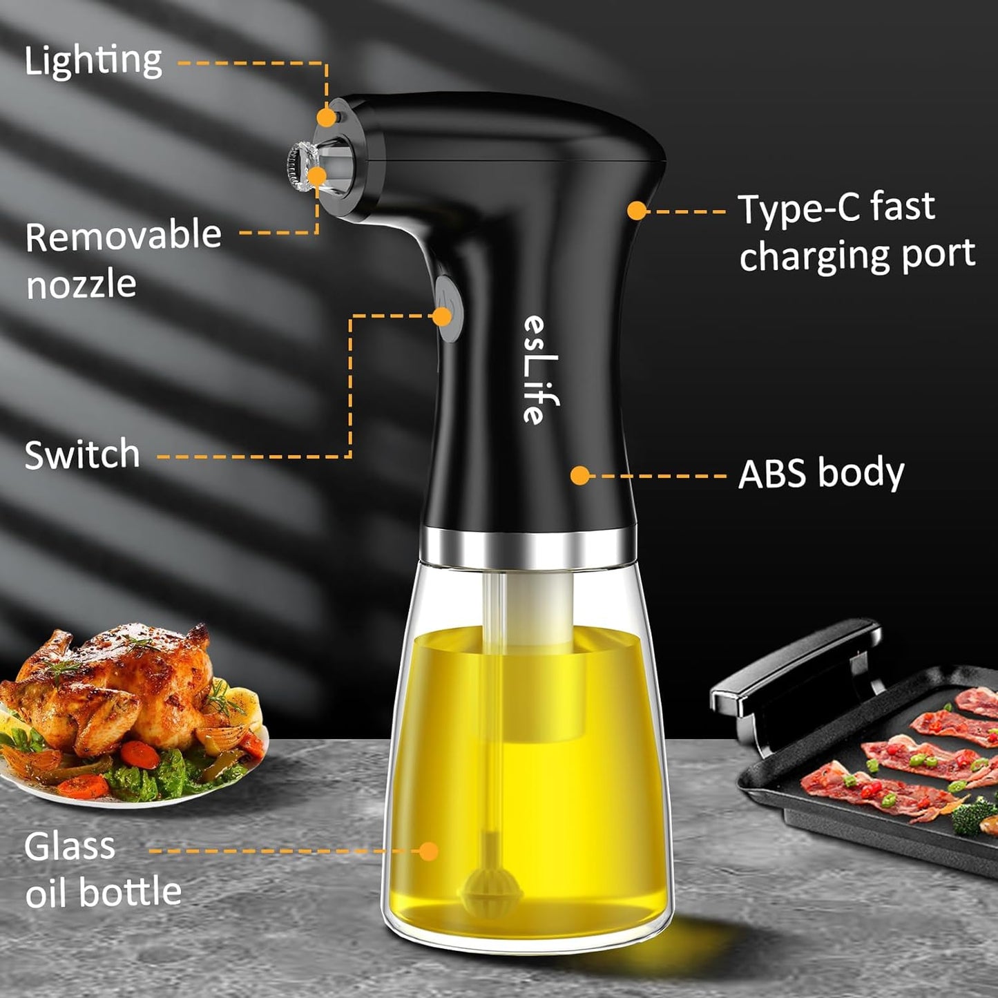esLife Electric Oil Sprayer for Cooking, 8oz USB Rechargeable